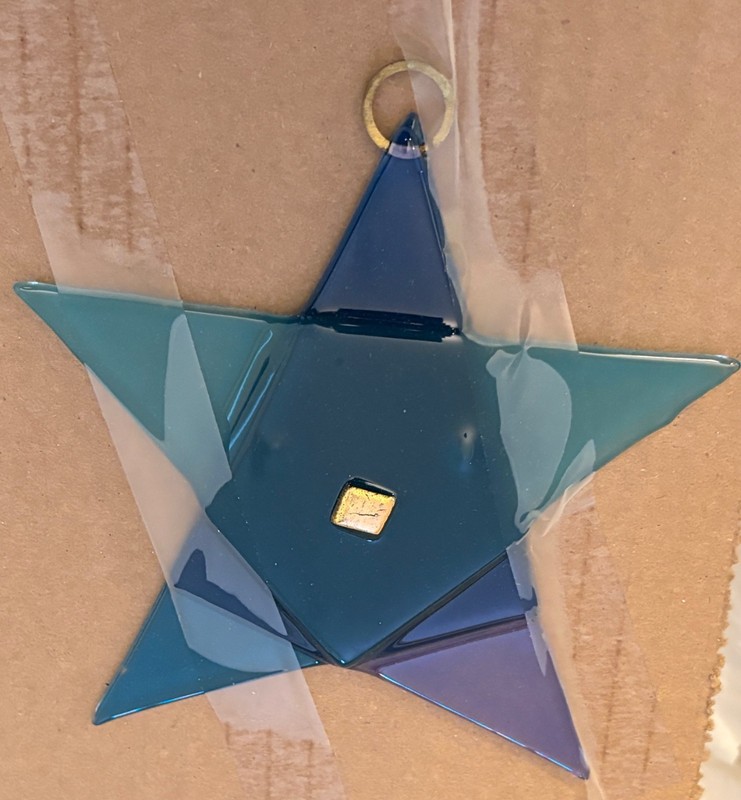 Higgins Glass Fused Art Glass Star Ornament — Blue Teal Purple — Dichroic Center