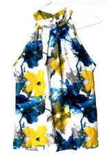 SHEIN SLEEVELESS HALTER BLOUSE ladies size M white yellow teal blue floral silky
