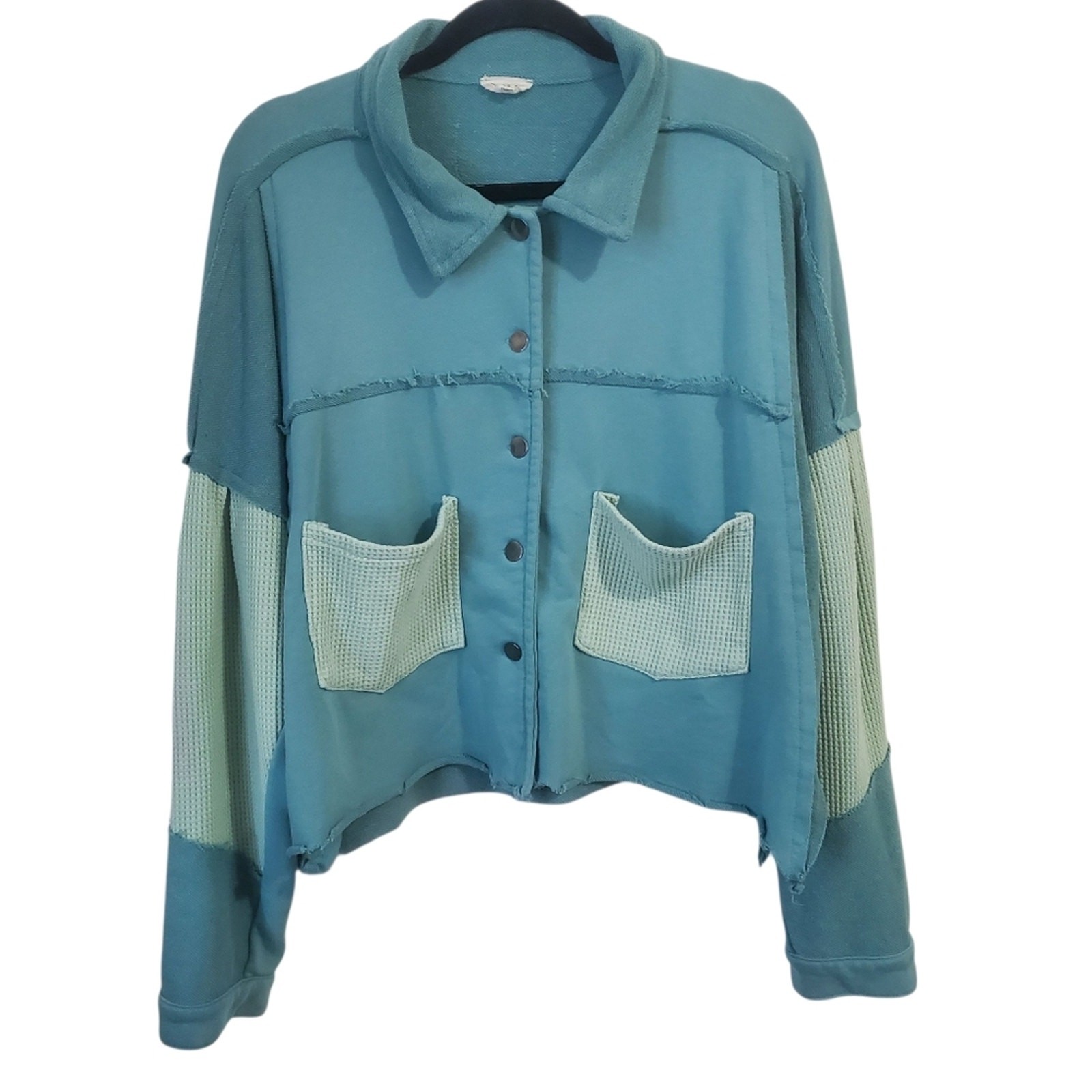 POL Boho Patchwork Button Down Shirt Jacket Green… - image 3