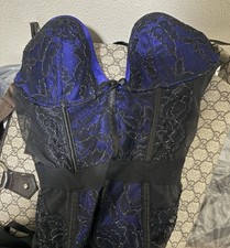 Victoria's Secret 32D Black/Blue Lace Underwire Bustier Corset Lace-Up Boned