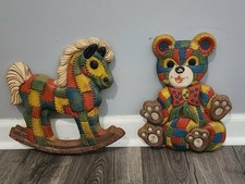 Vintage Foam Craft Quilted Teddy Bear  Rocking Horse Wall Hangings 1970s