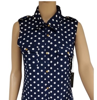 BCBG Maxazria Top Womens Large  Sleeveless Polka Dots Navy White  Stretch Work