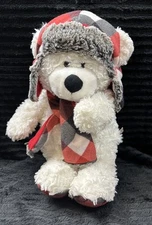 Hugfun White Teddy Bear Plush Red Plaid Hat Scarf Holiday Stuffed Animal 18”