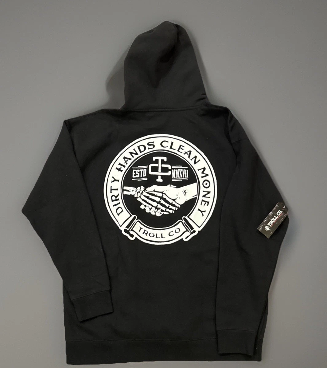 Troll Co Hoodie Men’s 2XL Black Dirty Hands Clean Money Pullover Retro Logo NWT