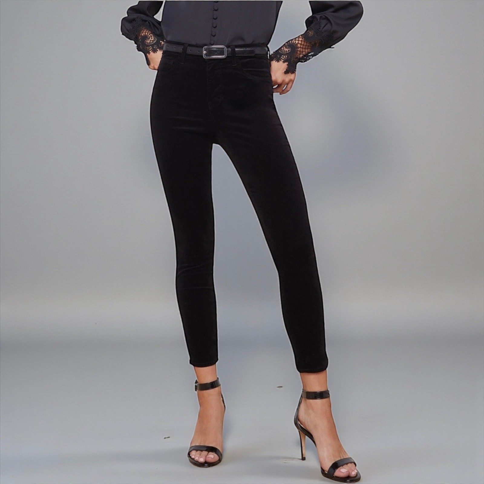 L'AGENCE | Black Luxe Velvet Margot Cropped Skinny Jeans Size 26 Holiday Party