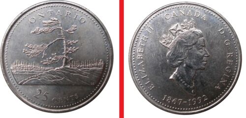 vintage 25 CENTS CANADA 🍁💲 ONTARIO 1992 Jack Pine tree Queen Elizabeth II coin - Afbeelding 1 van 4