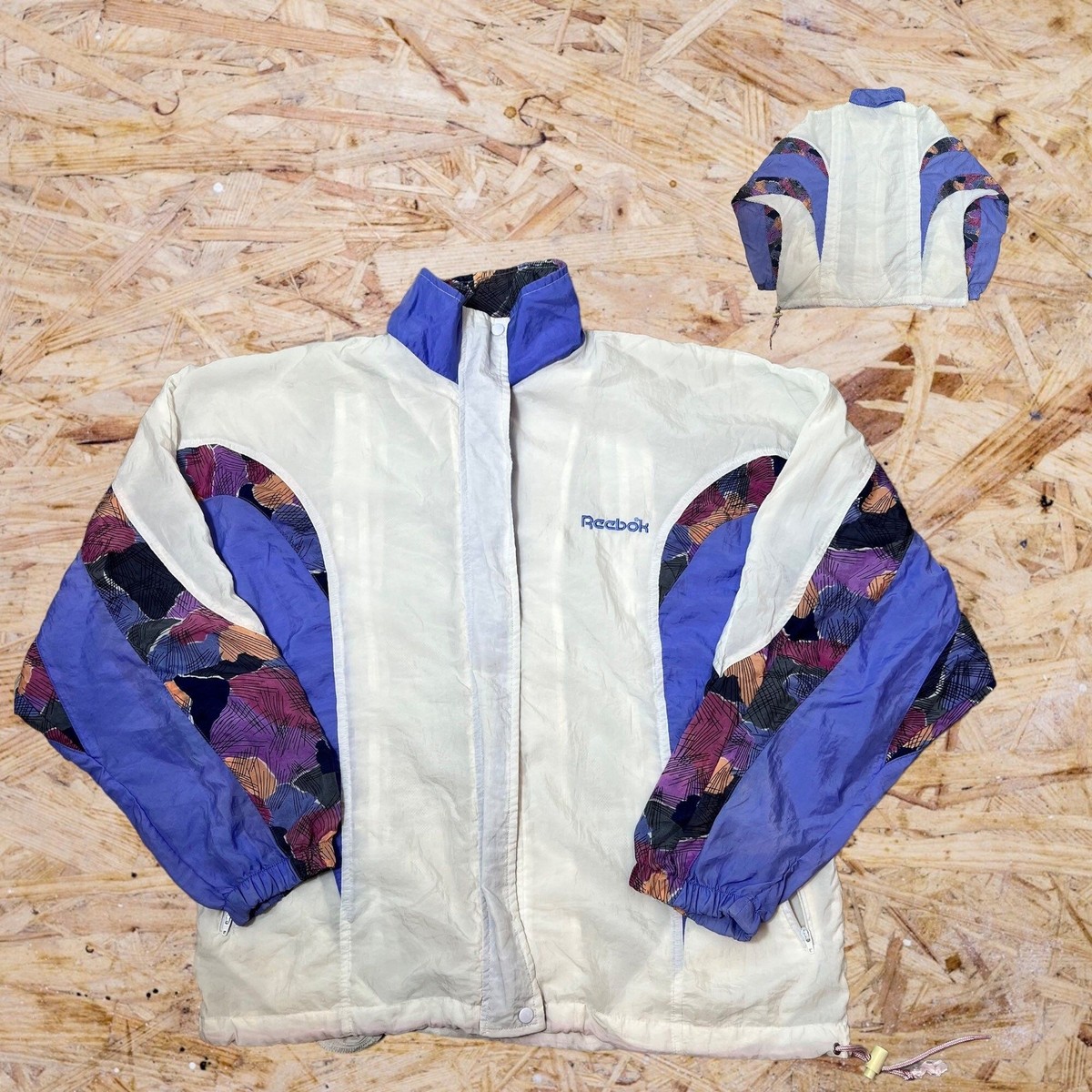 Vintage Reebok Windbreaker Full Zip Jacket 90s Print White Purple