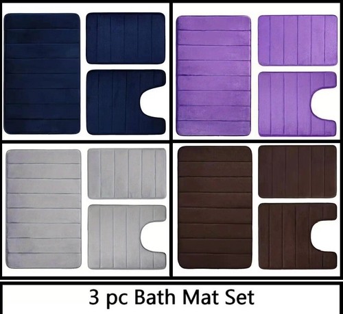 3PC Bathroom Set Stripe Rug Contour Mat Toilet Lid Cover Rectangle Bathmat - Picture 2 of 3