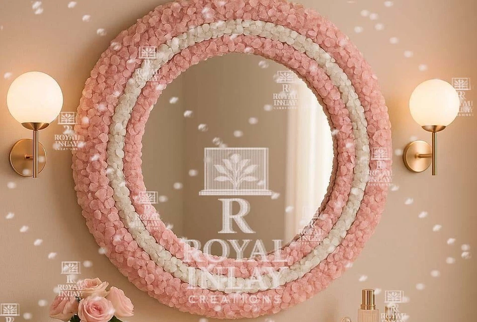 Espejo redondo de cuarzo rosa y cristal de cuarzo transparente - Espejo de pared hecho a mano para tocador Foto 3 de 4