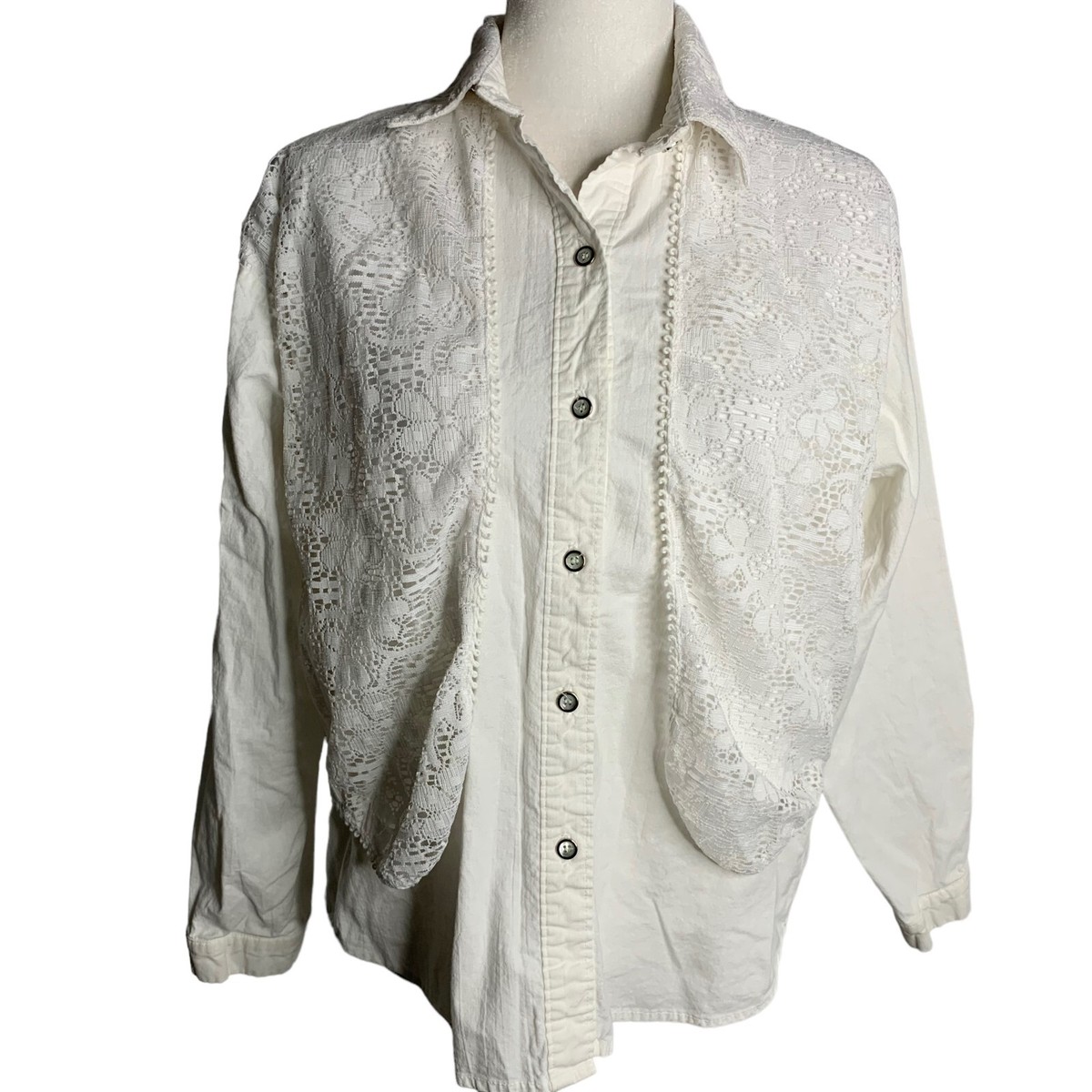 Vintage Lace Overlay Button Up Shirt S White Floral Long Vintage Lace Overlay Button Up Shirt S White Floral Long