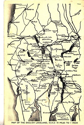 CX29. Alte Postkarte. Karte der englischen Seenplatte. Maßstab 10 Meilen bis 1 Zoll.