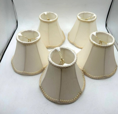 VTG SET 5 Lamp Shades Basket Cream Light Gold Trim Braided Satin Soft Color AN25