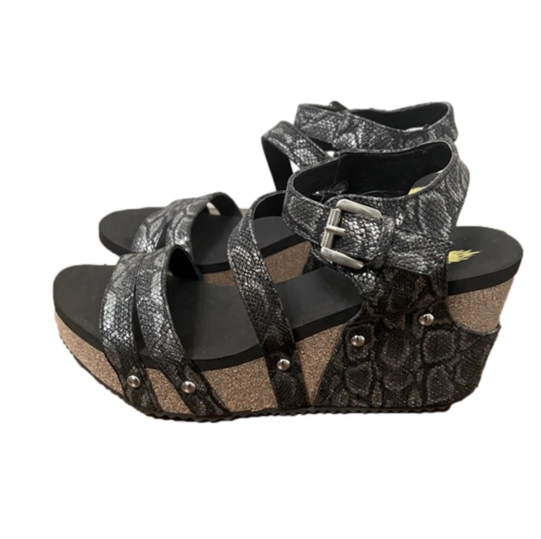 Volatile Euphoria Black Gray Metallic Snake Print Wedge Platform