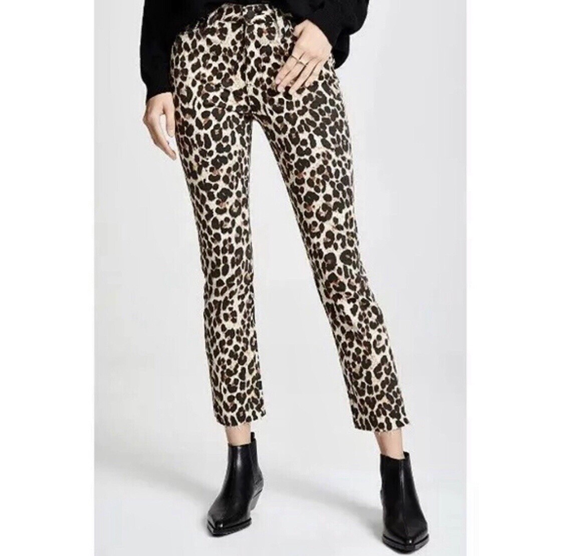 Paige Hoxton Straight Ankle hi high waisted Jeans Leopard Print brown raw  hem 24