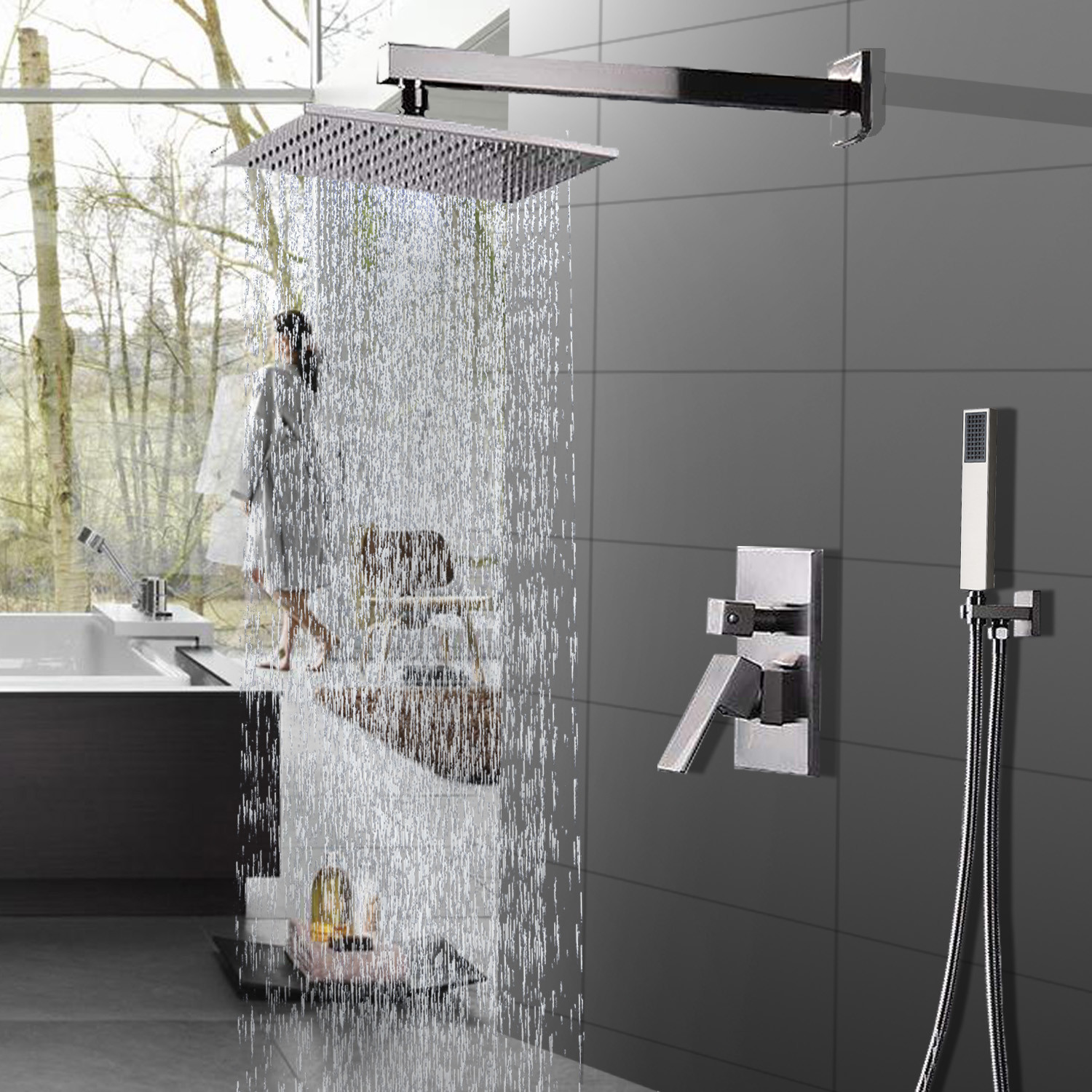 Shower Faucet System Set 8 Inch Rainfall W Hand Shower Brushed