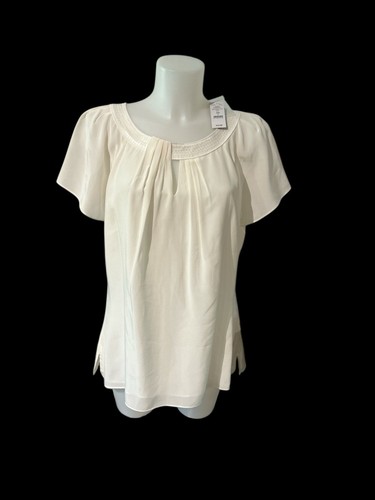 Neu mit Etikett White House Black Market Seidenbluse Oberteil ecru Größe L Large Kurzarm gefüttert
