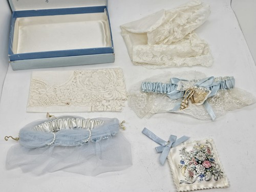 Antique 1940's Ladies Linen Lot; Wedding Garter Set, Etc. Esther Levin New Haven