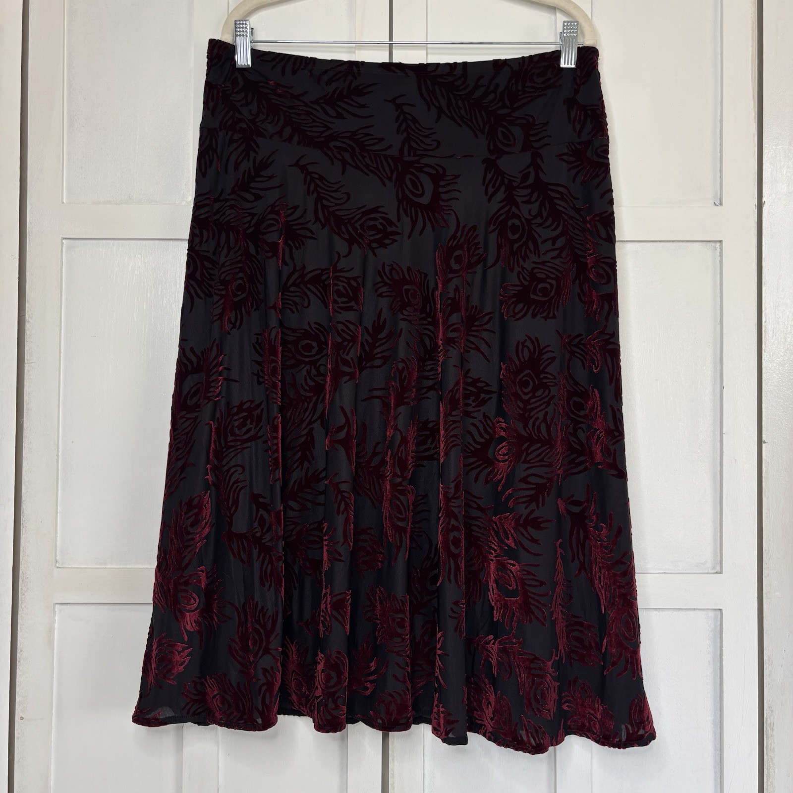 Vintage Midi Skirt Burgundy Black Burnout Velvet Whimsygoth Y2K 90s Fairy SZ L-image
