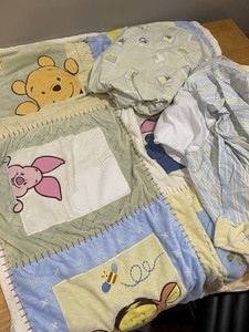 Vtg Disney Winnie The Pooh Patchwork Squares Comforter Fitted Sheer Crib Skirt