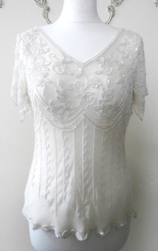 Vintage 1990's Beaded & Sequinned Ivory-White Silk Flapper Style Top Size 8-10