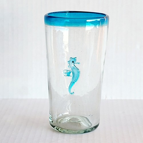Vidrio San Miguel Recycled Hand Blown Art Glass Seahorse Turquoise Ocean