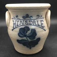 Rockdale Union Stoneware Crock Blue Flower Hinsdale 1980s Salt Glaze w/ Handles