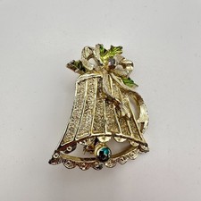 Vintage 80s 90s Christmas Bell Brooch Gold Tone Enamel Holly Bow Holiday Pin