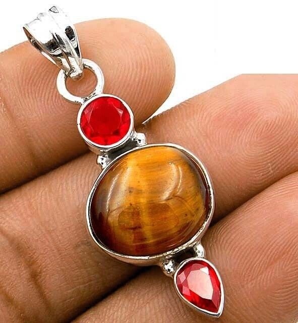 Natural Tiger Eye Africa & Garnet 925 Sterling Silver Pendant Jewelry @B10-3