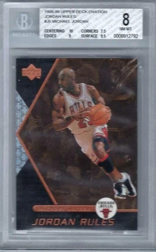 MICHAEL JORDAN 1998-99 UPPER OVATION JORDAN RULES BRONZE INSERT CARD #J5 BGS 8