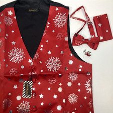 Christmas Men's Suit Vest Bow Tie Set Formal Waistcoat Tuxedo Red Holiday sz S