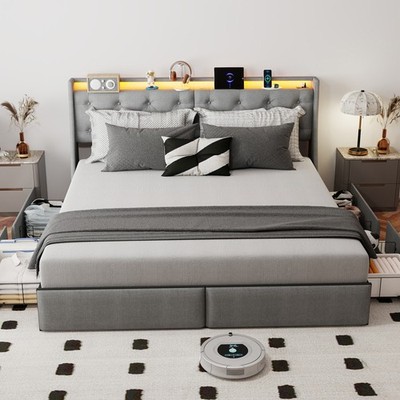 Leumius King Size Bed Frame RGB LED Lights Charging Station, Upholstered