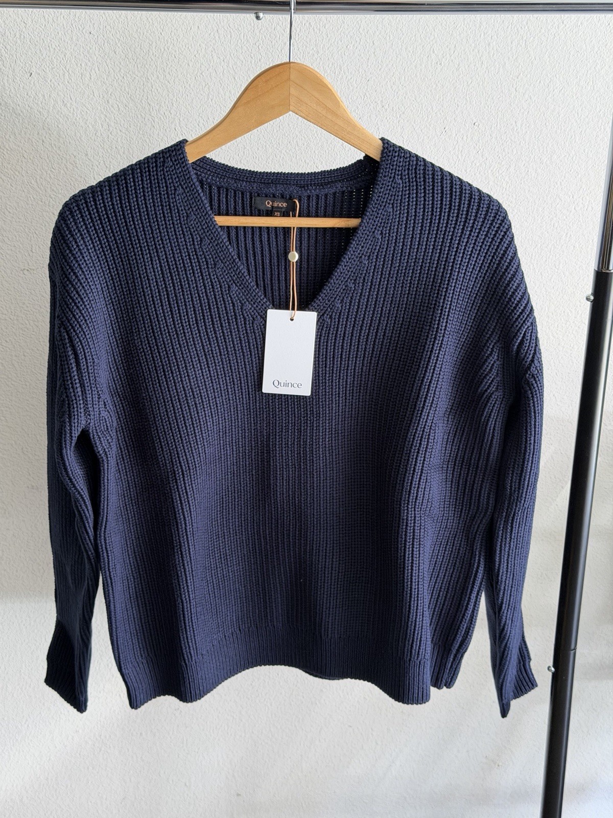 NWT Quince Organic Cotton Fisherman V Neck Sweater Navy Blue Women’s XS