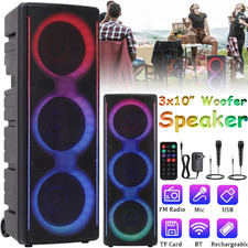 Triple 10" Woofer Bluetooth Speaker Heavy Bass Party Sound System w/2 Mic Remote