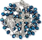 Blue Crystal Beads Rosary Necklace 10mm Alloy Mystery Beads & Miraculous Medal