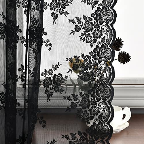 Kotile Black Lace Curtains 54 Inch Length - Country Rustic Vintage Lace 