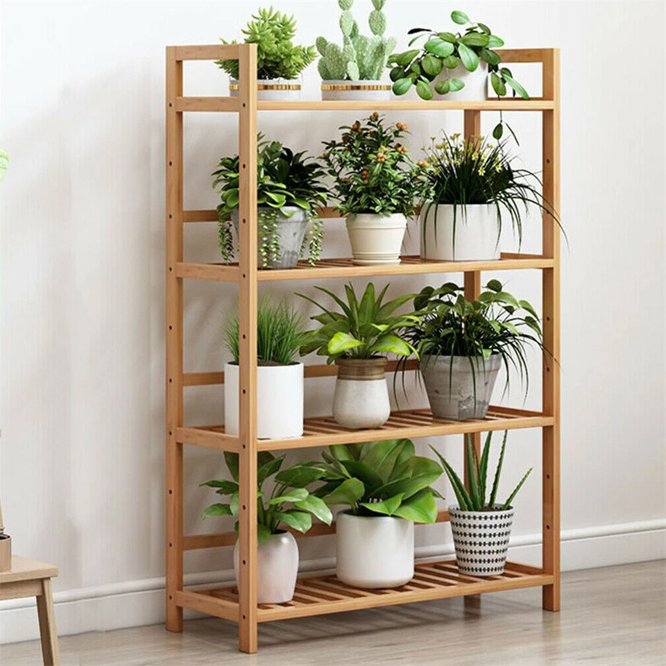 4-Tier Bamboo Bookcase with Adjustable Shelves Storage Shelf Unit Plant Stand US - Image 2 of 4