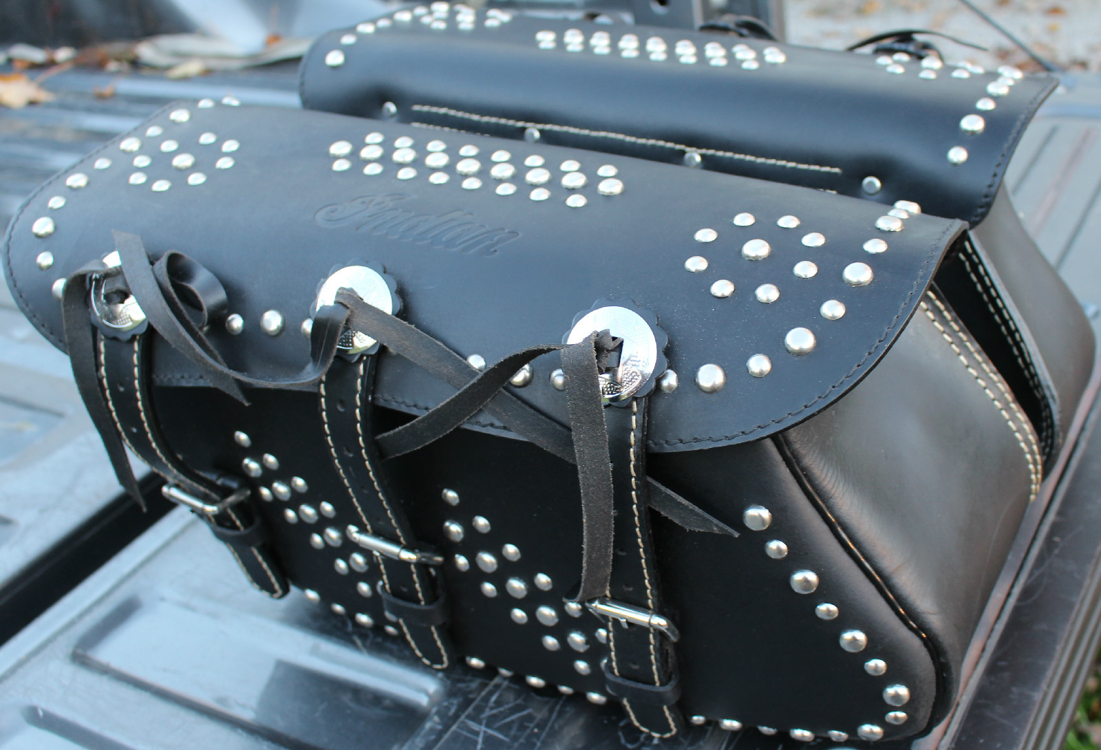 Indian Saddle Bags "Indian" Embossed in Leather Chief Chrome Studs
