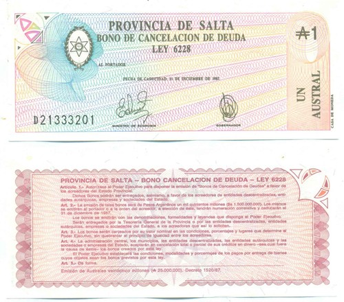 ARGENTINA EMERGENCY SALTA NOTE 1 AUSTRAL 1987 D.1520/87 EC# 055 UNC