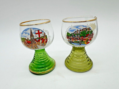 2 Pc Vintage Roemer Souvenir Wine Glasses Beehive Stem, Salzburg & Freiburg i Br