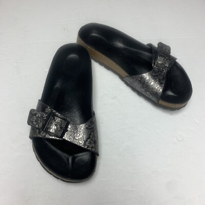 Papillio Birkenstock Sandals Silver Black Floral Wax Buckle Size L4