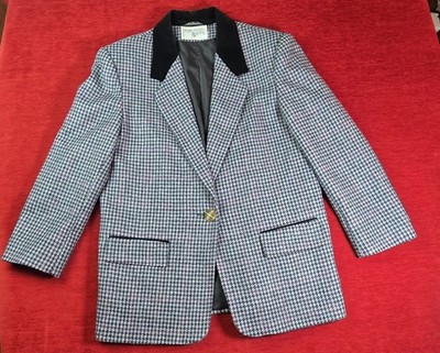 VINTAGE International Scene Wool Blazer Sz 13/14 Houndstooth Black Suede Lapel 