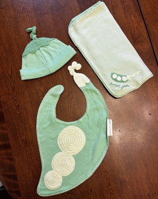Pottery Barn Kids SWEET PEA BIB Burp Cloth & HAT Set Infant GREEN Unisex
