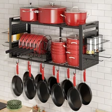 31 Inch Pot Rack Wall Mounted, 2-Tier Pots and Pans Hanging Organizer with 20 Ho