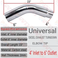 S/S 4'' Inlet 6'' Outlet Diesel Exhaust Turndown Elbow Pipe 45° Bend 23" Length