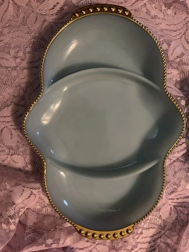 Vintage Fire King Delphite Blue Gold Trim Divided Relish Dish Tray 11"