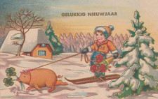 Pig/ girl used 1946 postcard Gelukkig Nieuwjaar (New Year)