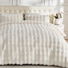 Lotus Karen Fluffy Faux Fur Duvet Cover Set Queen Size Cream White 3 Piece