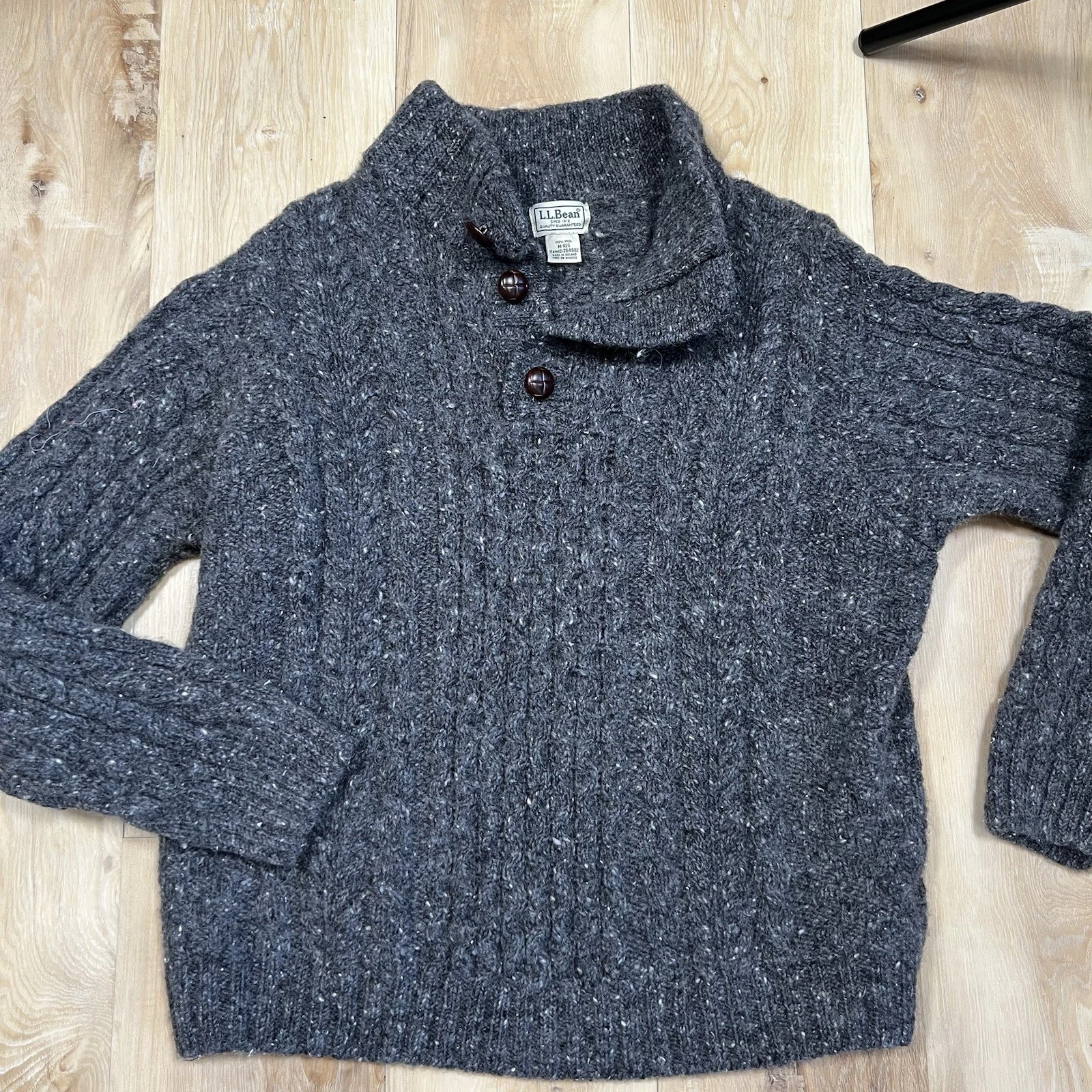 VTG LL Bean Wool Sweater Men M Reg Gray Cable Fishermans Leather Buttons Ireland