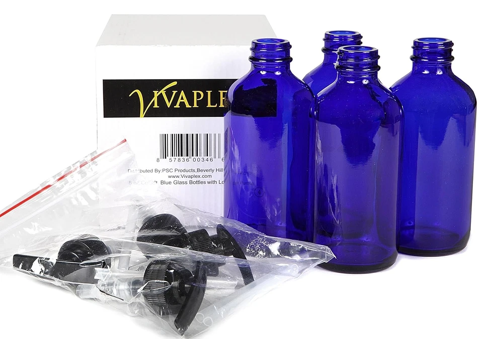 , 4, Large, 8 Oz, Empty, Cobalt Blue Glass Bottles with Black Lotion Pumps - Image 3 of 4