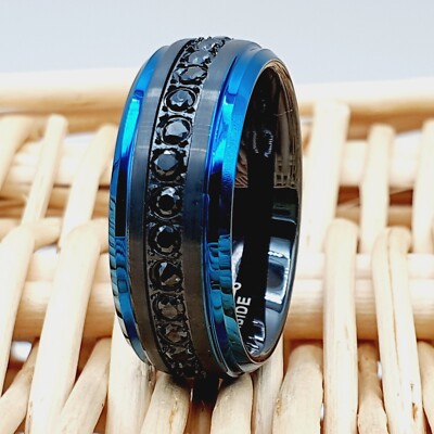 Black And Blue Tungsten Ring With Black CZ Inlay, Mens & Womens  Engagement Band